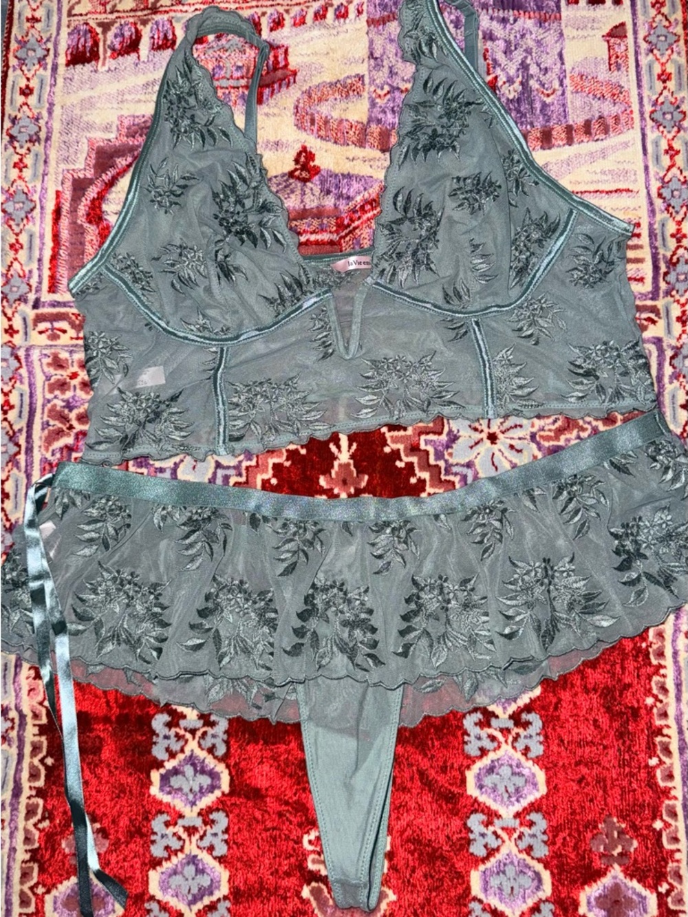 La Vie En Rose Sage Green Embroidered Bralette & Skirted Thong Set